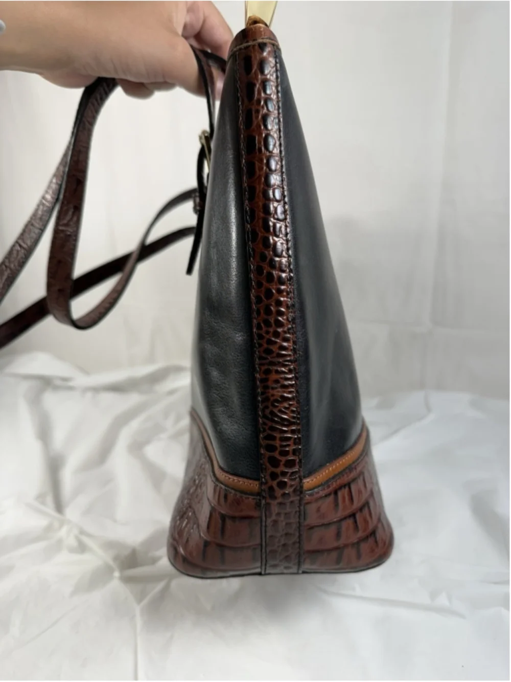 BRAHMIN Croc Embossed Leather Handbag Tote Purse Charms Black Brown